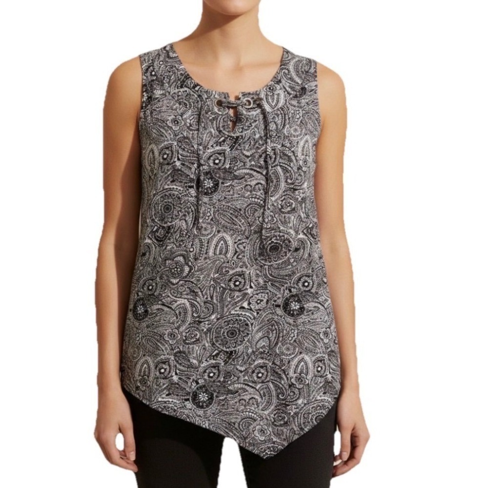 Always Indigo Tank Top Women Size S Black White Paisley Keyhole Asymmetrical Hem